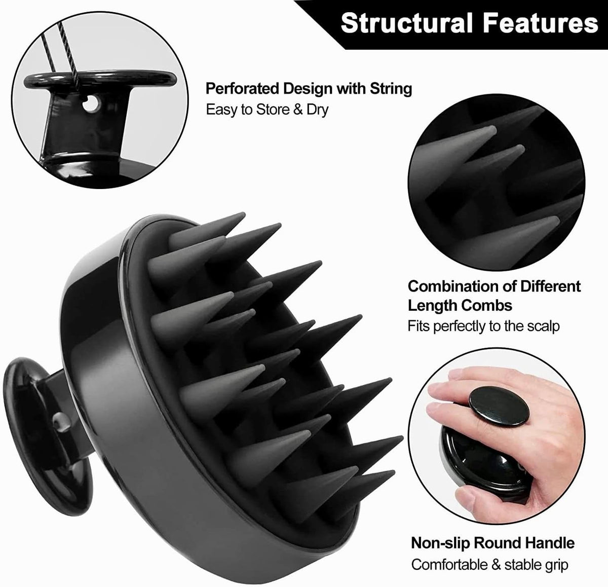 Head Cleansing & Scalp Massage Brush – Soft Bristles for Wet & Dry Use (Black color)