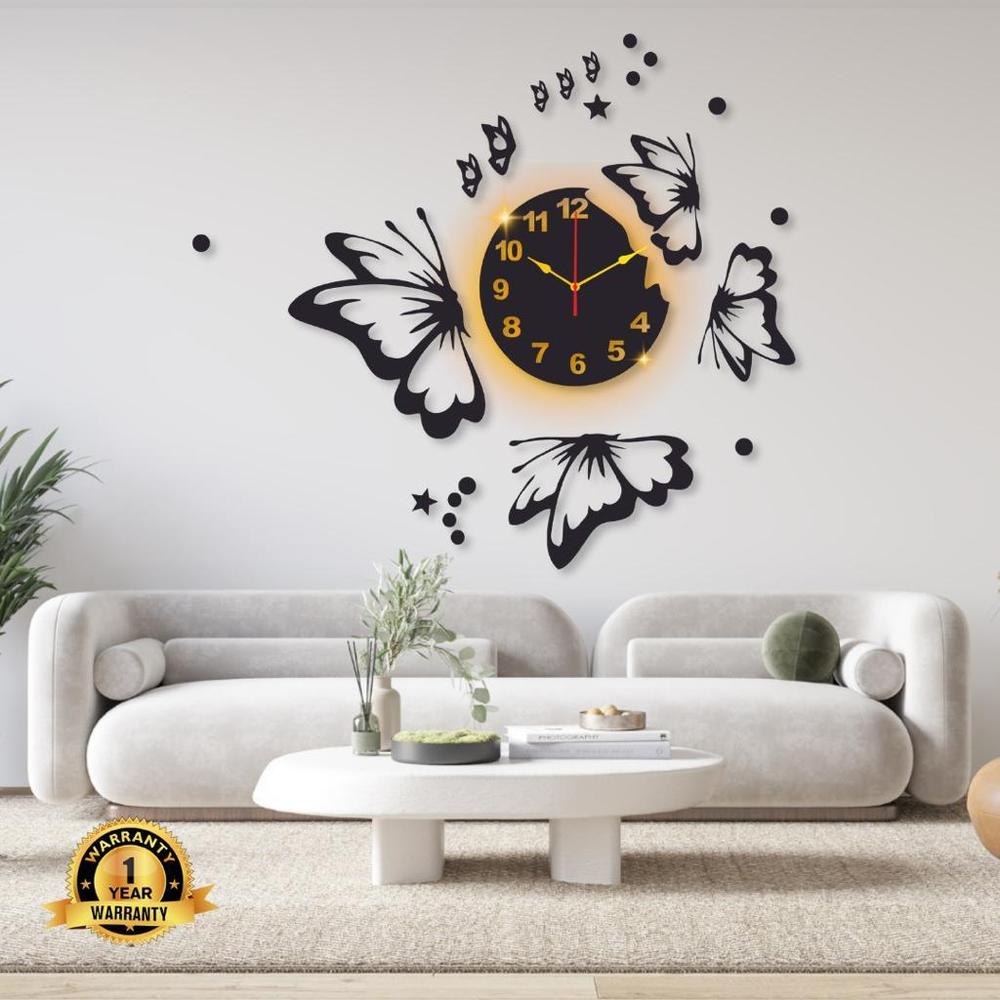 Butterfly Wall Clock Black Gold Modern Decor