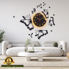Butterfly Wall Clock Black Gold Modern Decor